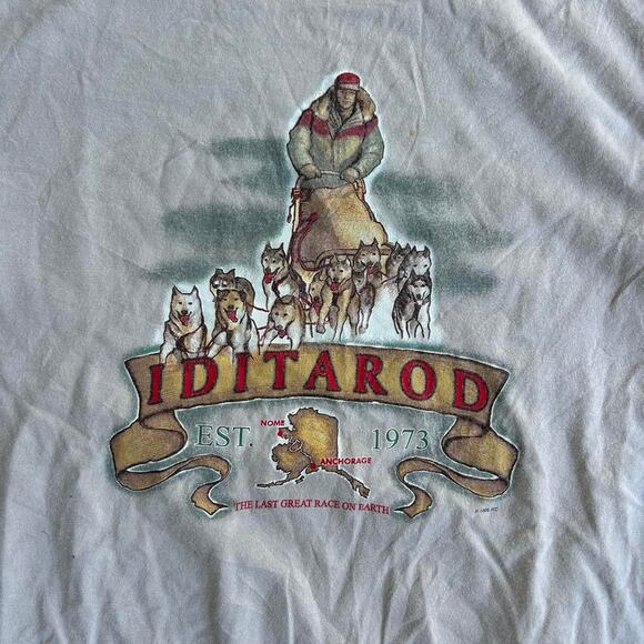Vintage 90s Historic Iditarod Alaskan Sled Dog Race Cream Tee. Sz L - Picture 2 of 4